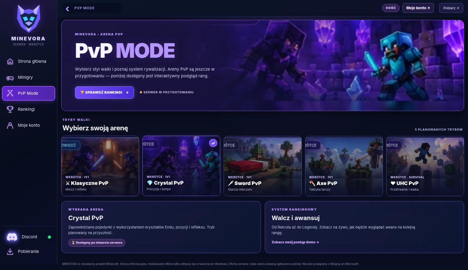 Ekran PvP Mode MINEVORA z pięcioma planowanymi trybami walki